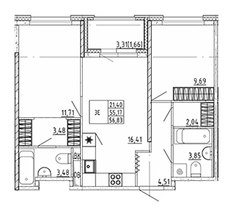 2-комнатная квартира 56.83 м², 7/12 эт., ЖК «UP! Квартал Воронцовский»